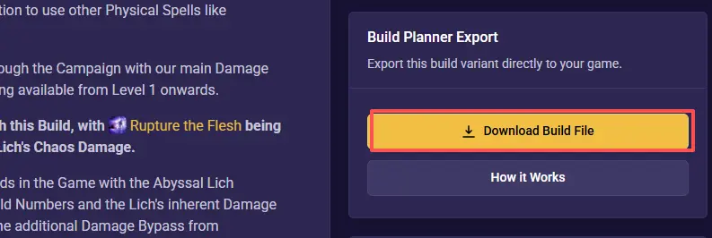 Locate the export button on Mobalytics to grab your PoE2 build files How to Download .build Files from Mobalytics Planners